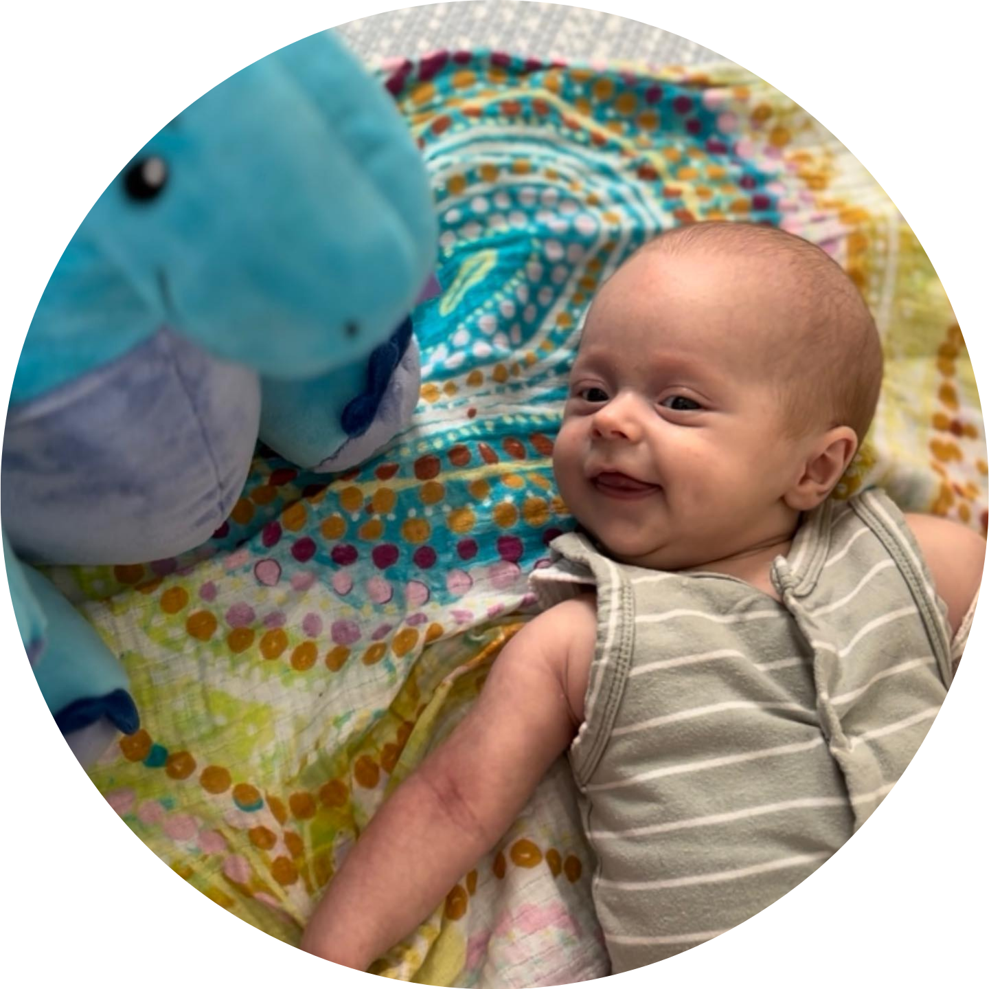 Baby T is smiling while lying on a colourful blanket, there is also a blue and purple plush dinosaur toy on the blanket.